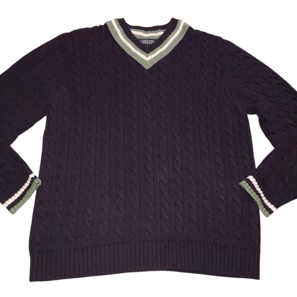 Lands End Cotton‎ Cable Knit V Neck Sweater Navy Mens Large Preppy Classic Vtg